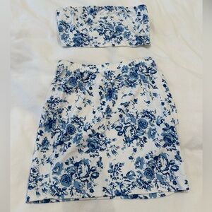 SHEIN White and Blue Floral Tube Top & Mini Skirt Set